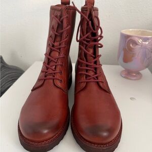 FRYE Red Leather Lace-Up Combat Boots